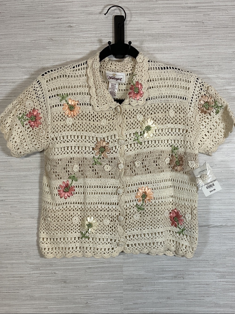 Vintage Cream Crochet Cardigan Floral Ribbon Appliqués Y2K Fairie NWT Small